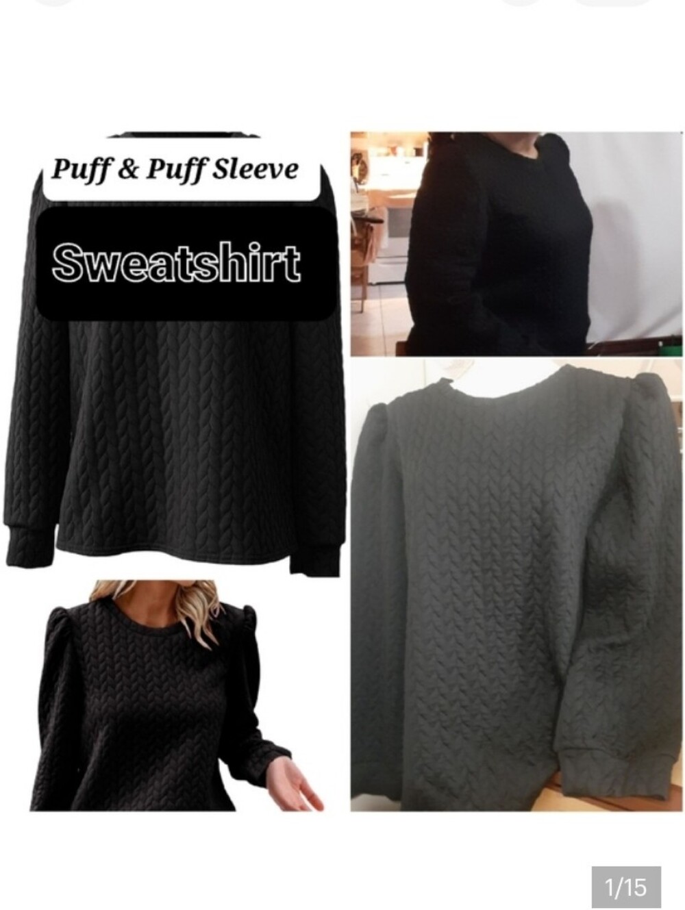 NWT Black Puff Sleeve Sweatshirt LARGE Black
